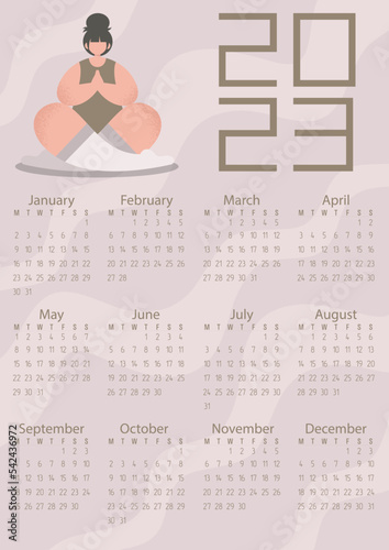 Vector. Calendar 2023. Pastel colors, flowers, people. The girl is doing yoga. Healthy lifestyle.