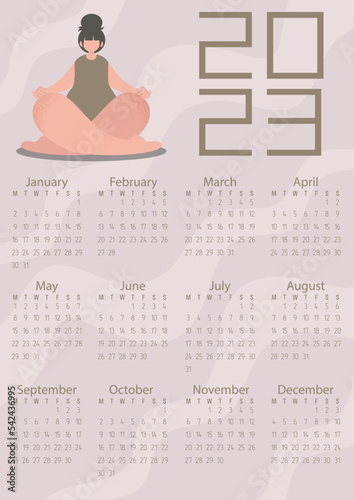 Vector. Calendar 2023. Pastel colors, flowers, people. The girl is doing yoga. Healthy lifestyle.