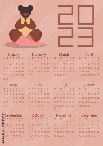 Vector. Calendar 2023. Pastel colors, flowers, people. African American girl doing yoga. Healthy lifestyle.