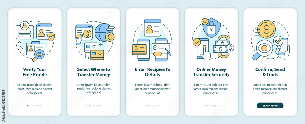 Transferring money actions onboarding mobile app screen. Web wallet walkthrough 5 steps editable graphic instructions with linear concepts. UI, UX, GUI template. Myriad Pro-Bold, Regular fonts used