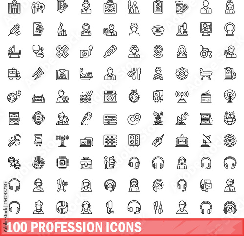 100 profession icons set. Outline illustration of 100 profession icons vector set isolated on white background