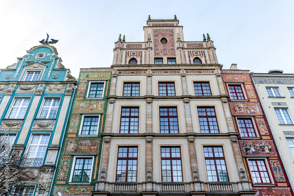 Facades of colorful historical merchant houses in the center of Gdansk, Poland, Europe