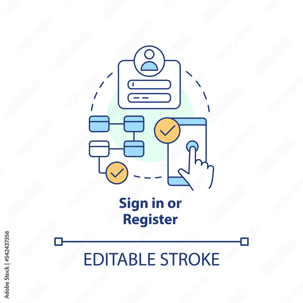 Sign in and registration concept icon. Web wallet. Online banking application usage abstract idea thin line illustration. Isolated outline drawing. Editable stroke. Arial, Myriad Pro-Bold fonts used Sign in and registration concept icon. Web wallet. Online banking application usage abstract idea thin line illustration. Isolated outline drawing. Editable stroke. Arial, Myriad Pro-Bold fonts used