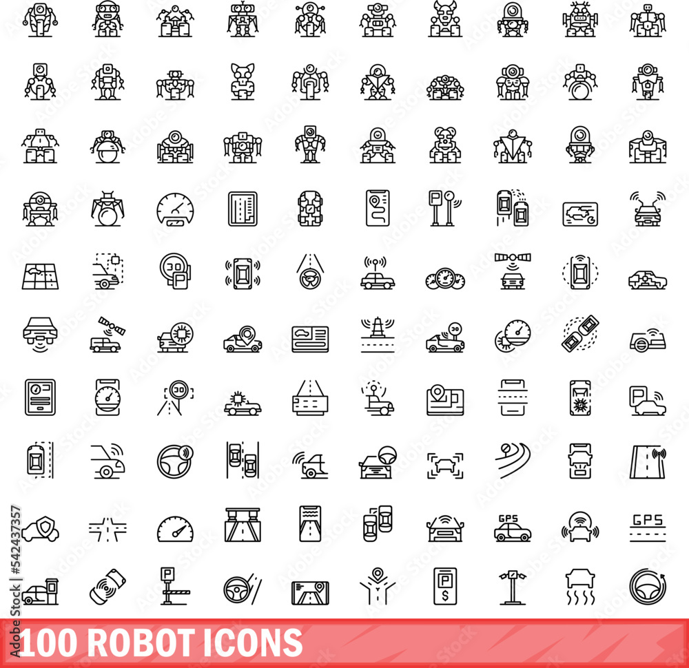 100 robot icons set. Outline illustration of 100 robot icons vector set isolated on white background 100 robot icons set. Outline illustration of 100 robot icons vector set isolated on white background