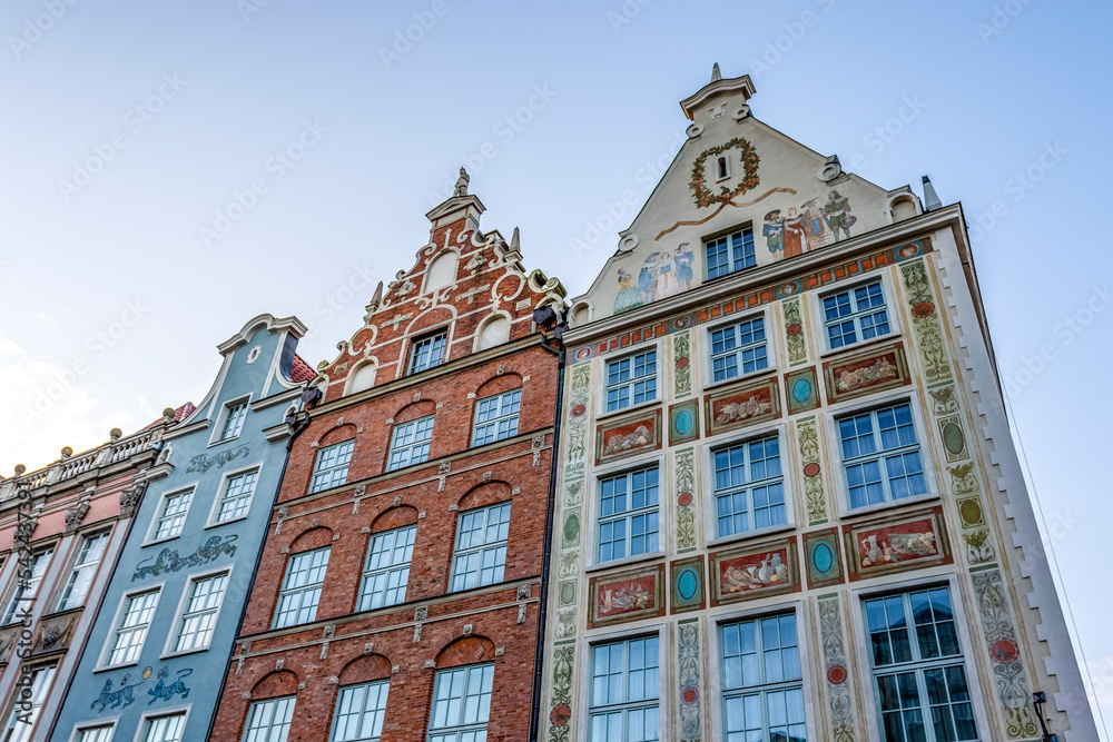 Facades of colorful historical merchant houses in the center of Gdansk, Poland, Europe