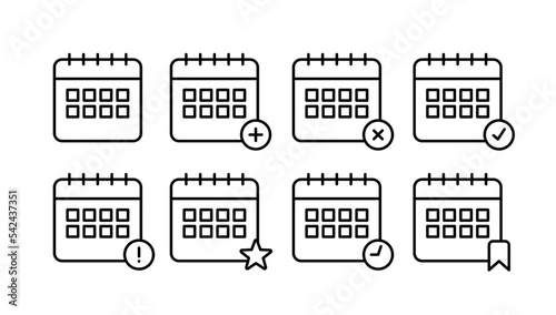 Calendar Agenda Simple Set Icon Black Line Add Remove Check Favorite Agenda Interface Vector Illustration