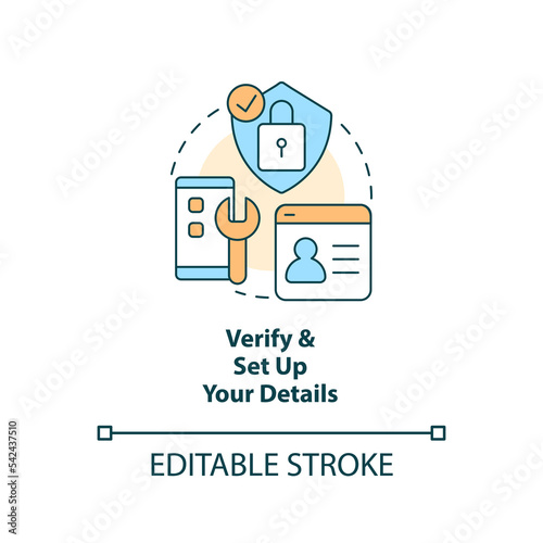 Verify and set up details concept icon. Web wallet. Mobile banking registration abstract idea thin line illustration. Isolated outline drawing. Editable stroke. Arial, Myriad Pro-Bold fonts used