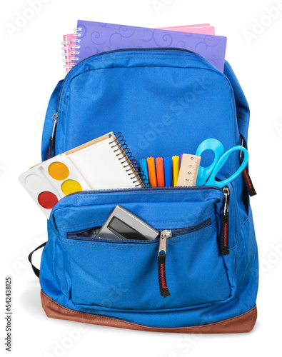Classic school backpack with colorful school supplies and books photo