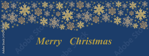 Merry Christmas and Happy New Year festive design with border made of beautiful snoflakes in modern line art style. Winter dark blue background with falling snow. Xmas decoration. photo