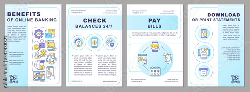 E banking advantages brochure template. Online money transfers. Leaflet design with linear icons. Editable 4 vector layouts for presentation, annual reports. Arial, Myriad Pro-Regular fonts used