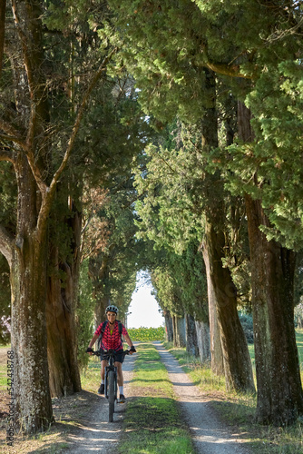 nice senior woman riding her electric mountain bike in an old oak tree avenue in the Casentino area near Arezzo,Tuscany , Italy 