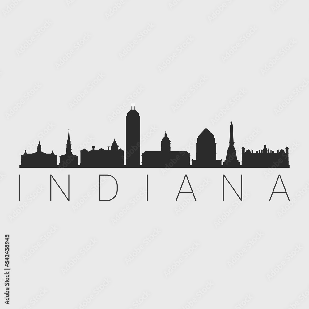Indiana, USA City Skyline. Silhouette Illustration Clip Art. Travel Design Vector Landmark Famous Monuments.