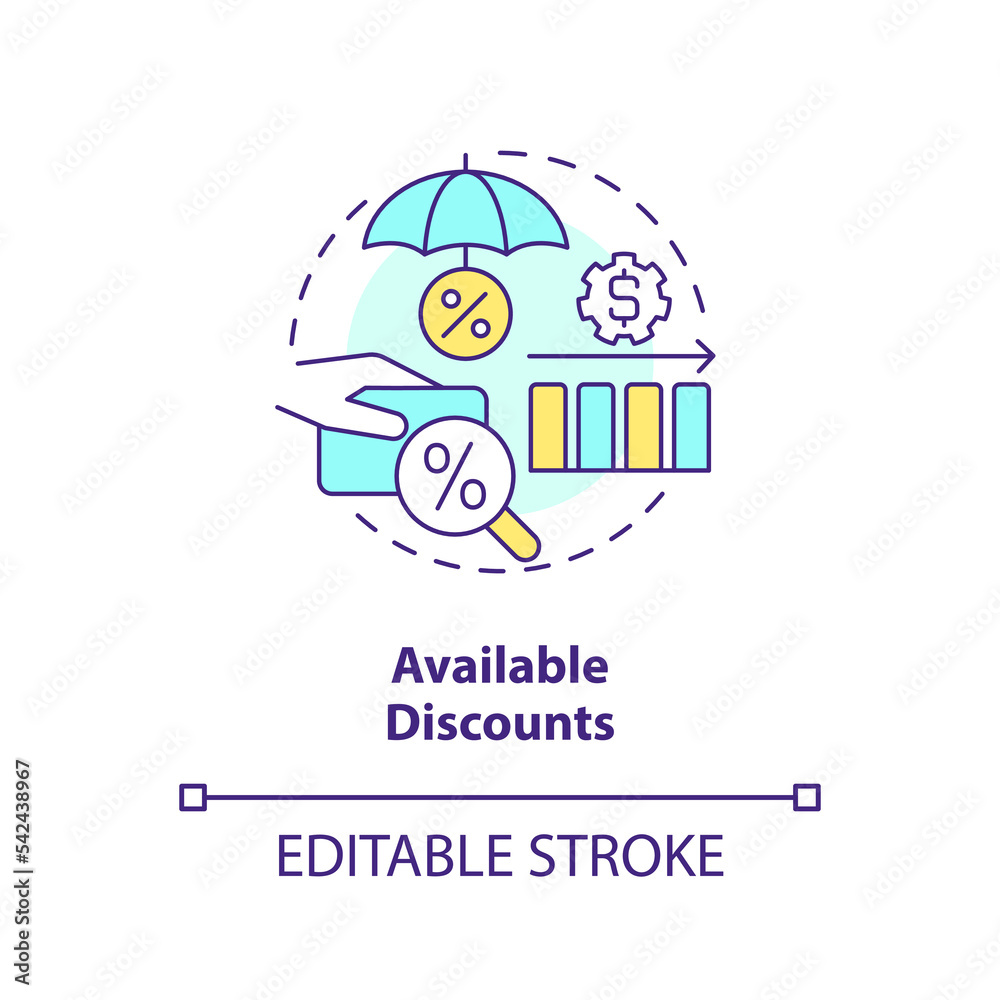 Available discounts concept icon. Insurance company. Clients loyalty program abstract idea thin line illustration. Isolated outline drawing. Editable stroke. Arial, Myriad Pro-Bold fonts used Available discounts concept icon. Insurance company. Clients loyalty program abstract idea thin line illustration. Isolated outline drawing. Editable stroke. Arial, Myriad Pro-Bold fonts used