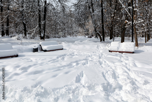 Snowfall in Moscow. Snow-covered benches in the park