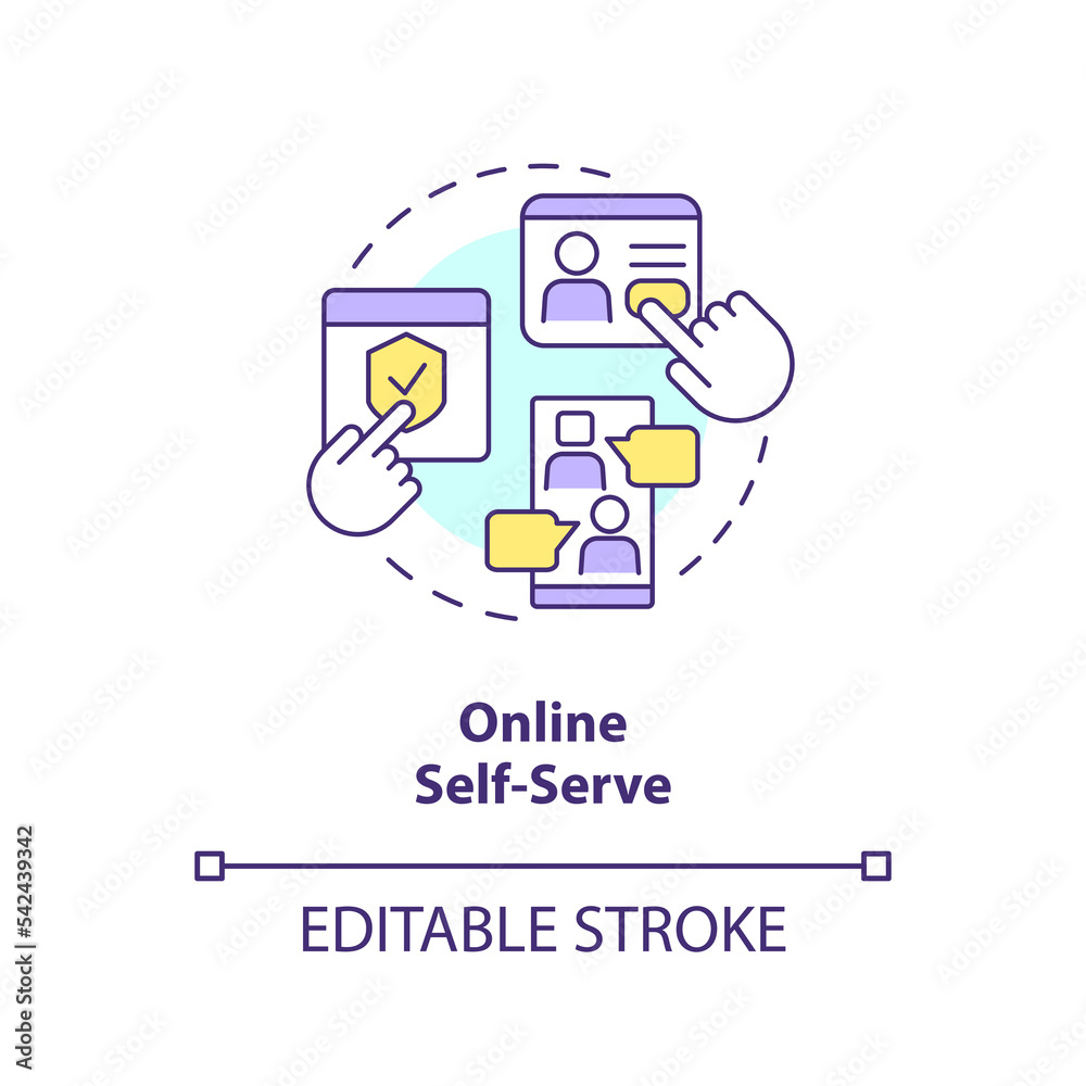 Online self service concept icon. Buy insurance through internet. Digital adaptation abstract idea thin line illustration. Isolated outline drawing. Editable stroke. Arial, Myriad Pro-Bold fonts used Online self service concept icon. Buy insurance through internet. Digital adaptation abstract idea thin line illustration. Isolated outline drawing. Editable stroke. Arial, Myriad Pro-Bold fonts used