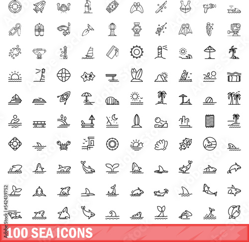 100 sea icons set. Outline illustration of 100 sea icons vector set isolated on white background