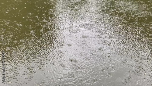 Abstract background of water surface with raindrops falling. Texture and pattern in nature UK 4K