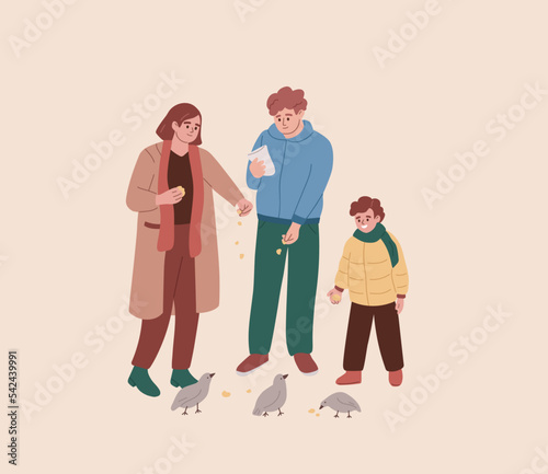 Family feeding the birds. Woman, man, boy feeding pigeons with crumbs, corns, chips. Activity outdoors. Happy characters spending time together. Flat vector illustration.