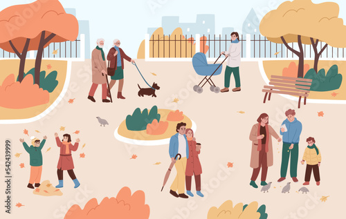 Autumn Park. Landscape. Couple hugging walking with coffee. Children throw leaves, old man and woman walking with a dog, family feeding birds. Fall. Scenery, set. Season. Fun outdoors, activity. 