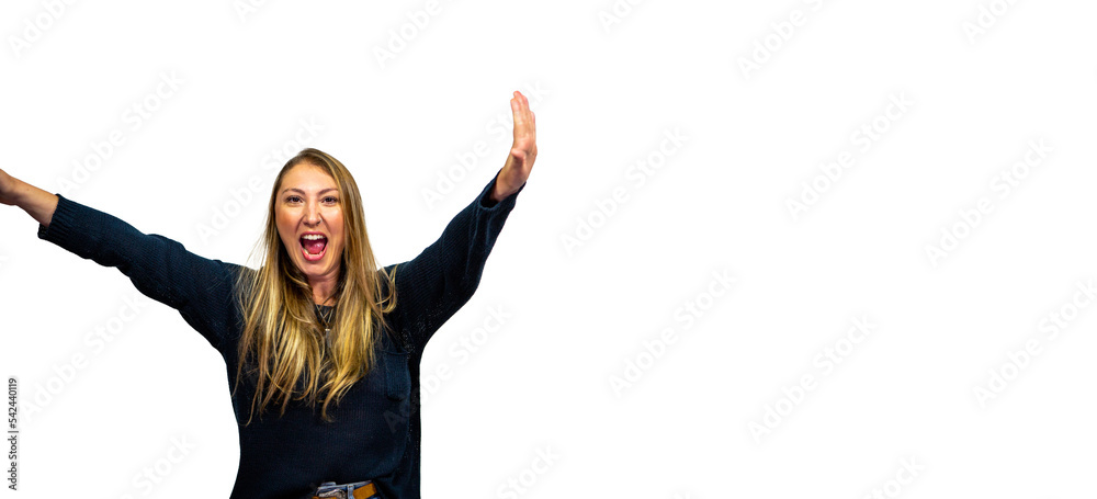 Brazilian blonde woman on white studio background, with copy space. Pointing fingers, laughing and posing. Brazilian blonde woman on white studio background, with copy space. Pointing fingers, laughing and posing.