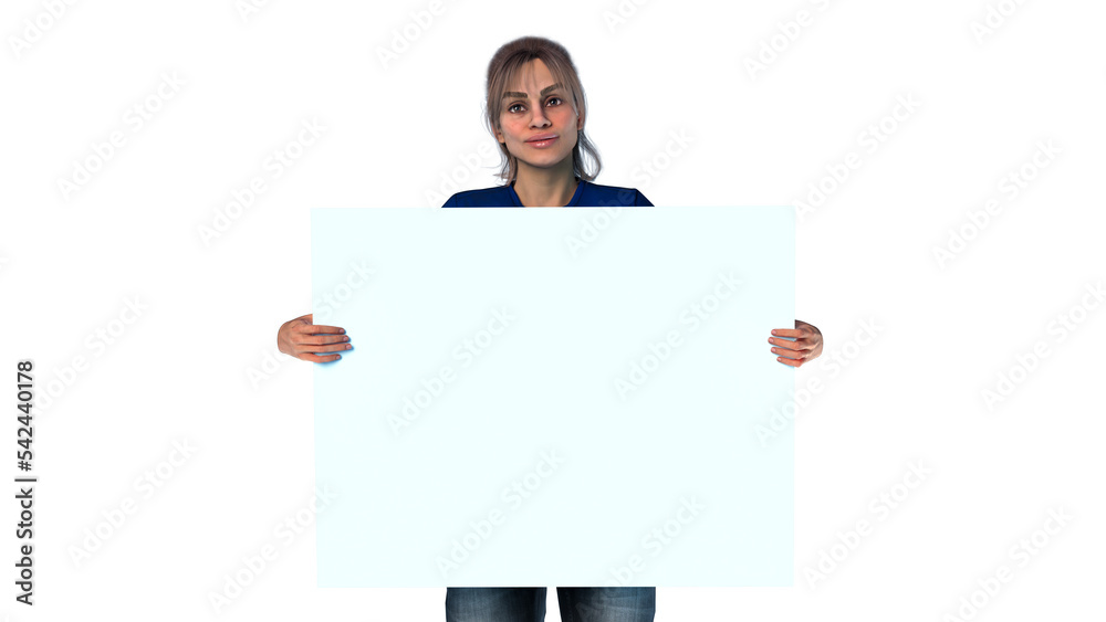 woman holding and showing white billboard blank copy space transparent background 3D illustration woman holding and showing white billboard blank copy space transparent background 3D illustration
