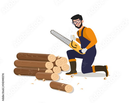 Worker sawing logs with electric saw.  Timberwood, lumberjacks. Woodcutter, carpenter working.  Firewood preparation. Poster, banner. Flat vector illustration.
