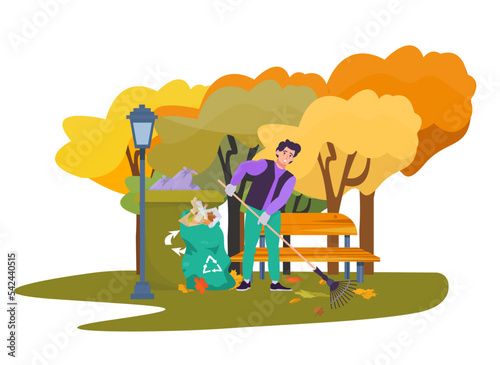 Man raking autumn leaves in the park. Character cleaning up the territory with rakes. Worker, volunteer. Flat vector illustration. Outdoors. 