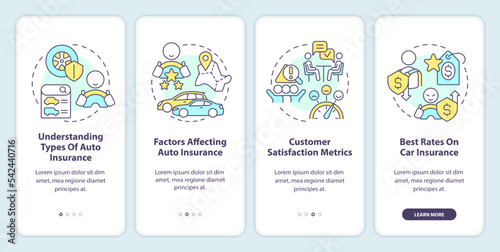 Choosing car insurance company onboarding mobile app screen. Walkthrough 4 steps editable graphic instructions with linear concepts. UI, UX, GUI template. Myriad Pro-Bold, Regular fonts used