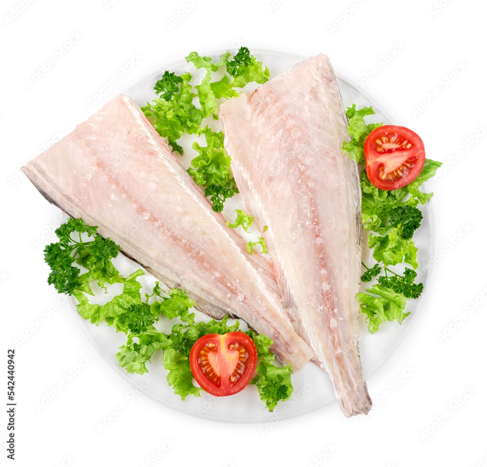 Tasty fish in white plate isolated on white background