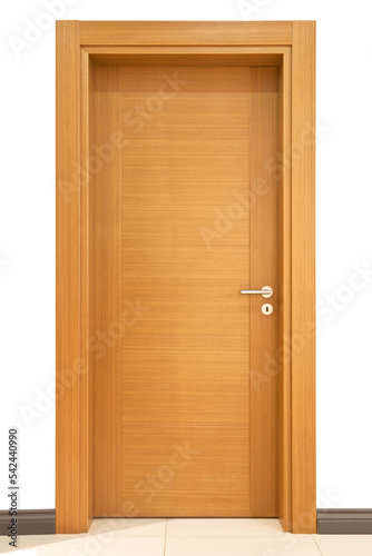 Modern brown walnut front entrance glass wooden door in house or office interior, isolated transparent background
