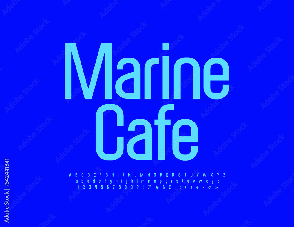 Vector blue Emblem Marine Cafe. Bright Stylish Font. Creative Alphabet Letters and Numbers Vector blue Emblem Marine Cafe. Bright Stylish Font. Creative Alphabet Letters and Numbers