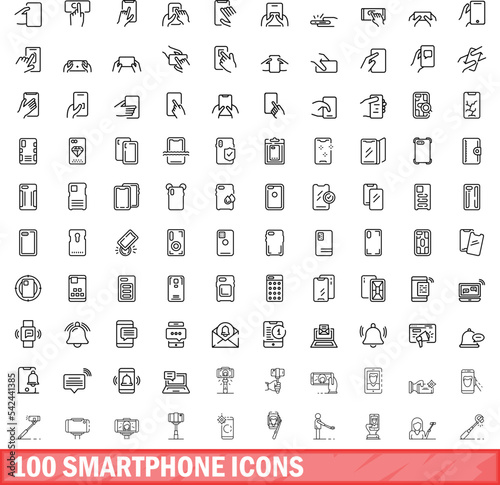 100 smartphone icons set. Outline illustration of 100 smartphone icons vector set isolated on white background