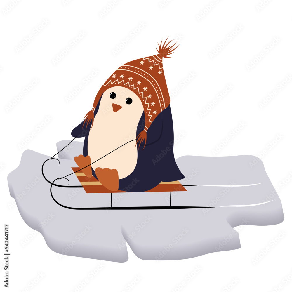 A penguin on a sled and in a hat on ice floe. Winter card. Clip art