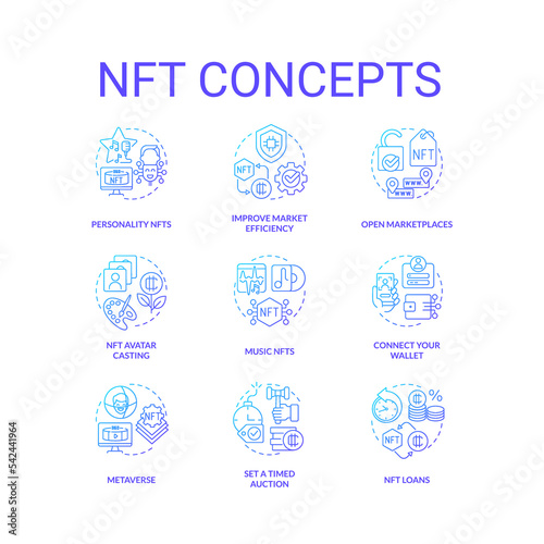 NFT blue gradient concept icons set. Blockchain technology. Making money in cyberspace idea thin line color illustrations. Isolated symbols. Roboto-Medium, Myriad Pro-Bold fonts used