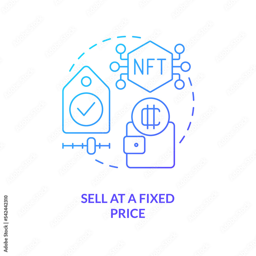 Sell at fixed price blue gradient concept icon. Setup files cost. Way of NFTs monetization abstract idea thin line illustration. Isolated outline drawing. Myriad Pro-Bold font used Sell at fixed price blue gradient concept icon. Setup files cost. Way of NFTs monetization abstract idea thin line illustration. Isolated outline drawing. Myriad Pro-Bold font used