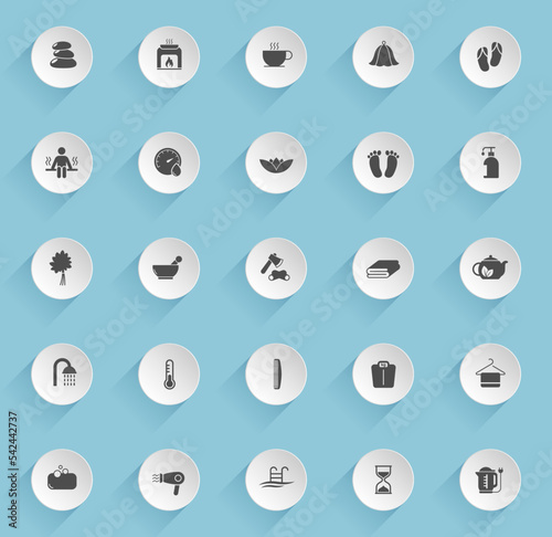 sauna vector icons on round puffy paper circles with transparent shadows on blue background. sauna stock vector icons for web, mobile and user interface design