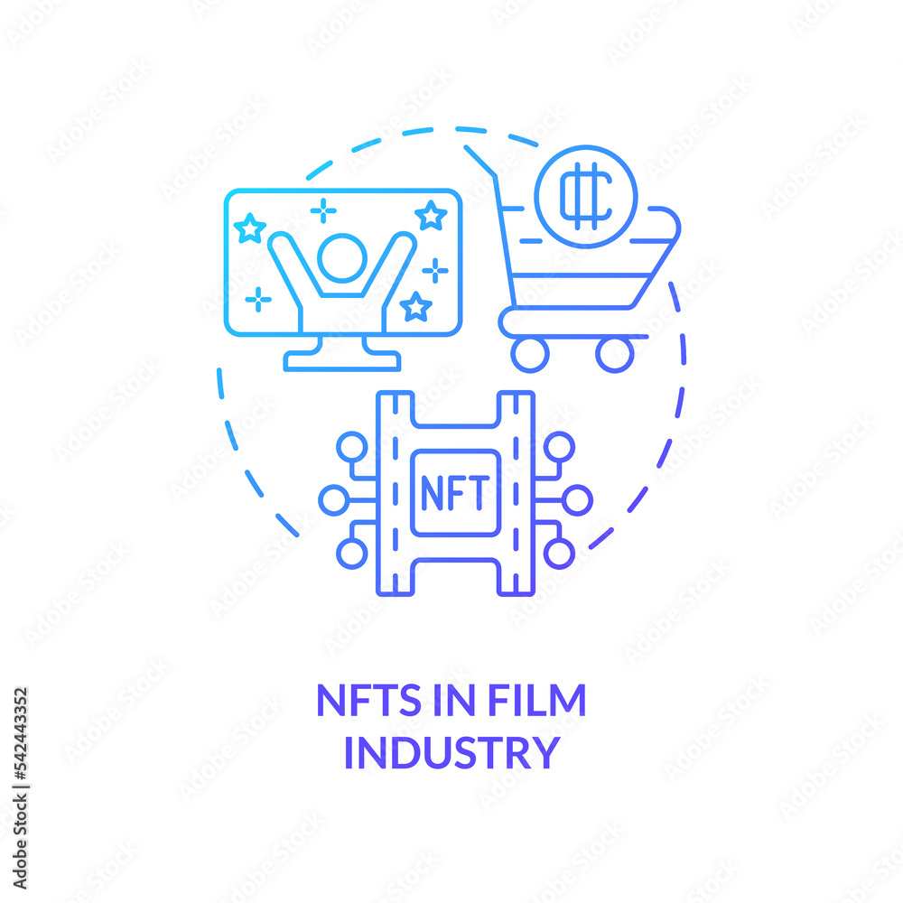 NFTs in film industry blue gradient concept icon. Monetizing TV and film projects. Promising trend abstract idea thin line illustration. Isolated outline drawing. Myriad Pro-Bold font used NFTs in film industry blue gradient concept icon. Monetizing TV and film projects. Promising trend abstract idea thin line illustration. Isolated outline drawing. Myriad Pro-Bold font used