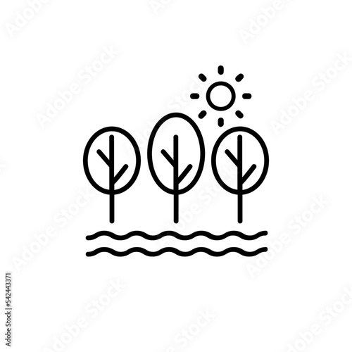 Park Icon Set. Trees, forest and bench vector icons. Nature, sun, lake. Set of park icon with outline design. Park vector illustration. City park icons set.