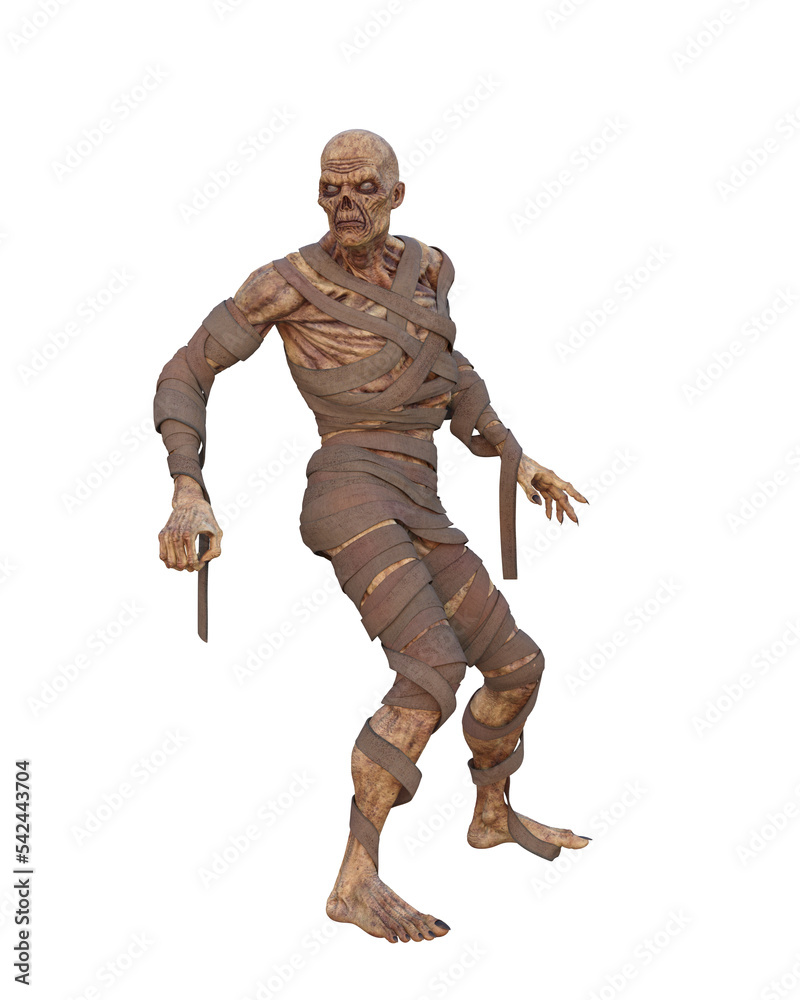 3D illustration of a zombie mummified fantasy monster wrapped in bandages isolated on transparent background. 3D illustration of a zombie mummified fantasy monster wrapped in bandages isolated on transparent background.