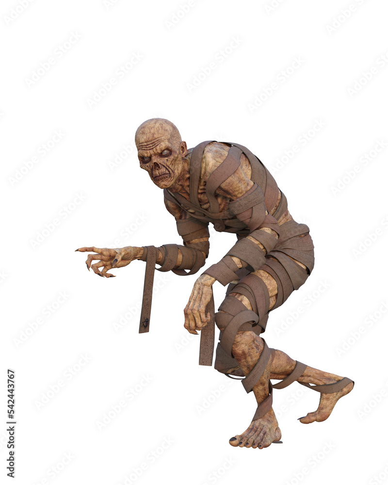 3D illustration of a zombie mummy fantasy creature creeping isolated on transparent background. 3D illustration of a zombie mummy fantasy creature creeping isolated on transparent background.
