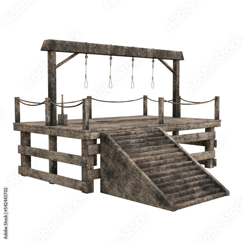 3D illustration of a wooden gallows platform with four ropes isolated on transparent background.