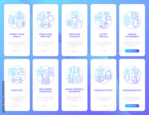 NFTs minting and trends blue gradient onboarding mobile app screen set. Walkthrough 5 steps graphic instructions with linear concepts. UI, UX, GUI template. Myriad Pro-Bold, Regular fonts used