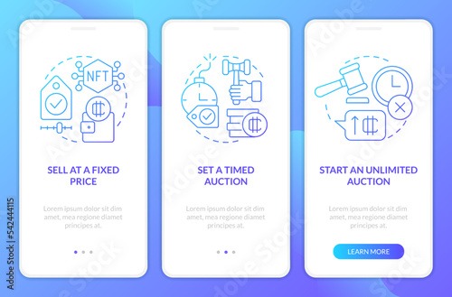 Ways of selling NFTs blue gradient onboarding mobile app screen. Business walkthrough 3 steps graphic instructions with linear concepts. UI, UX, GUI template. Myriad Pro-Bold, Regular fonts used
