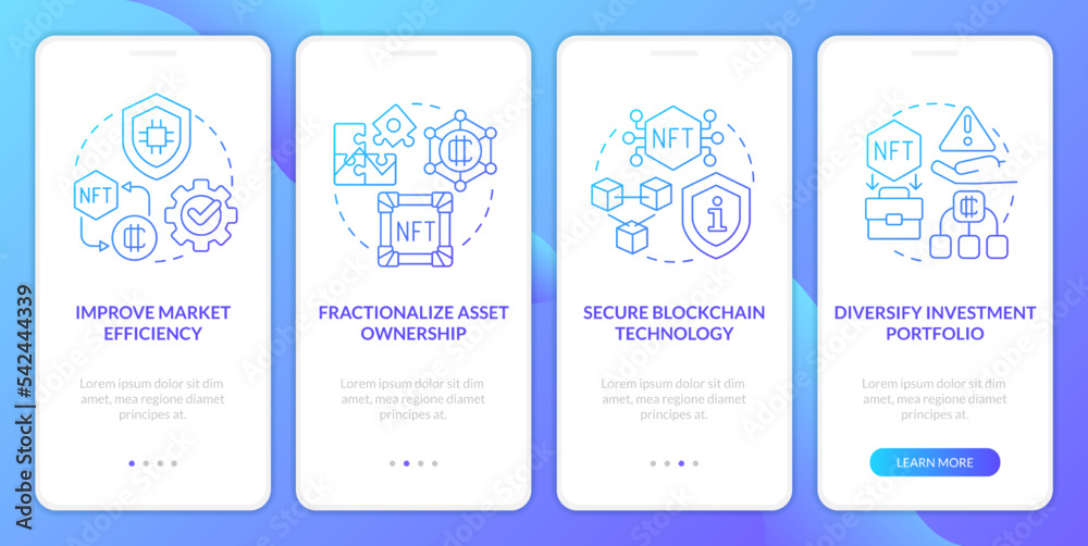 NFT benefits blue gradient onboarding mobile app screen. Digital artworks walkthrough 4 steps graphic instructions with linear concepts. UI, UX, GUI template. Myriad Pro-Bold, Regular fonts used