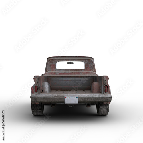 Rear view 3D rendering ofl an old rusty vintage red pickup truck isolated on transparent background.