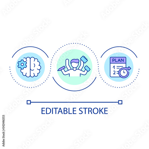 Working simultaneously loop concept icon. Multitasking skill. Time management. Develop productivity abstract idea thin line illustration. Isolated outline drawing. Editable stroke. Arial font used