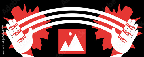 Broken electrical cables with sparks between palms. Modern wireless technology. Image icon with mountains and sun. Curved wires as a sign of wi-fi