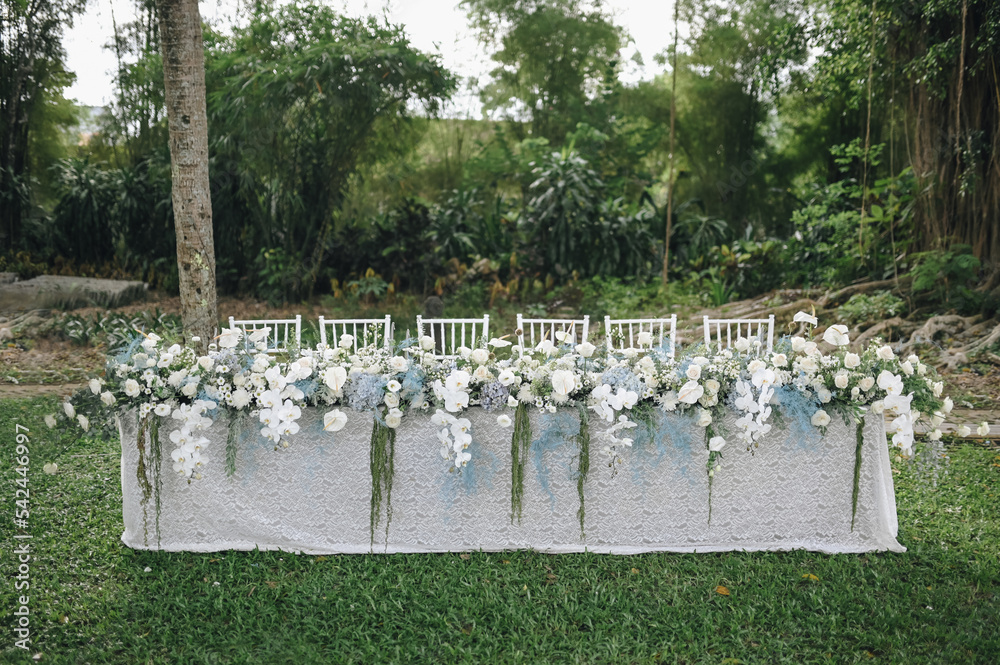 Fairy-tale with blue and white accent flowers theme. Clean white table setting for wedding ceremony or reception. Family intimacy dinner outdoors with starlight.