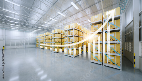 3d rendering of warehouse or distribution center with increase graph. Storage and shipping system with box package on shelf, empty space and concrete floor. Concept for growth, productivity, benefits.