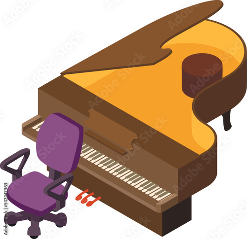 Grand piano icon isometric vector. Keyboard stringed music instrument and chair. Music and art concept